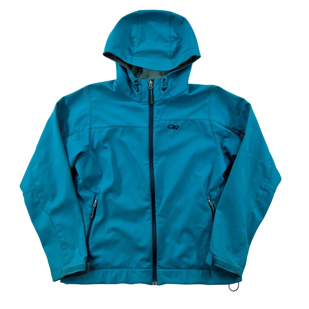 Outdoor Research Transfer Hooded Jacket Women Large Blue Softshell Fleece Zip
